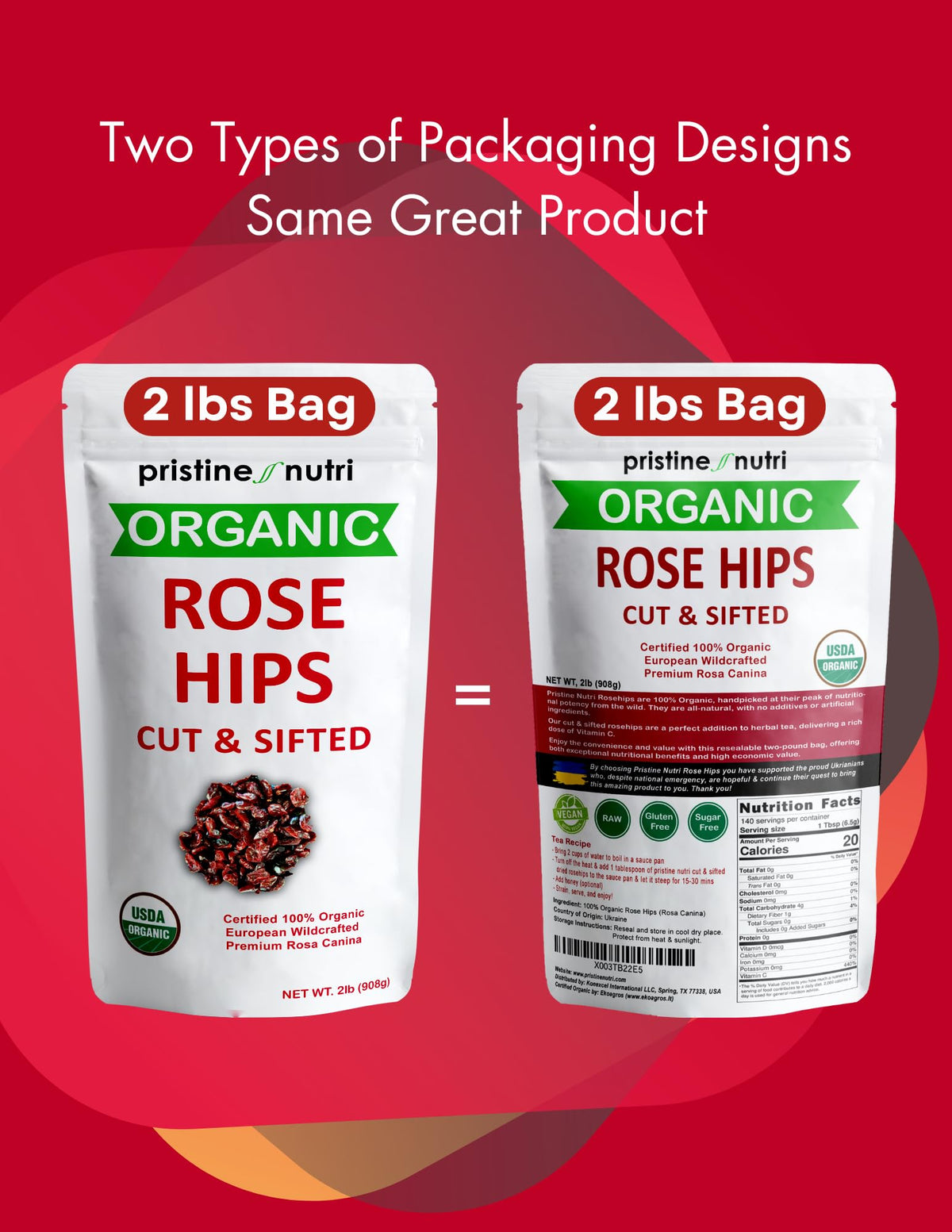 Pristine Nutri rosehips bulk packaging designed for families and long storage.