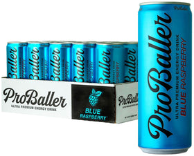 PROBALLER blue raspberry can front, offering a refreshing energy boost for workouts.