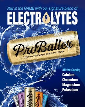 ProBaller bottle and glass pour highlights smooth, clean energy for workouts.