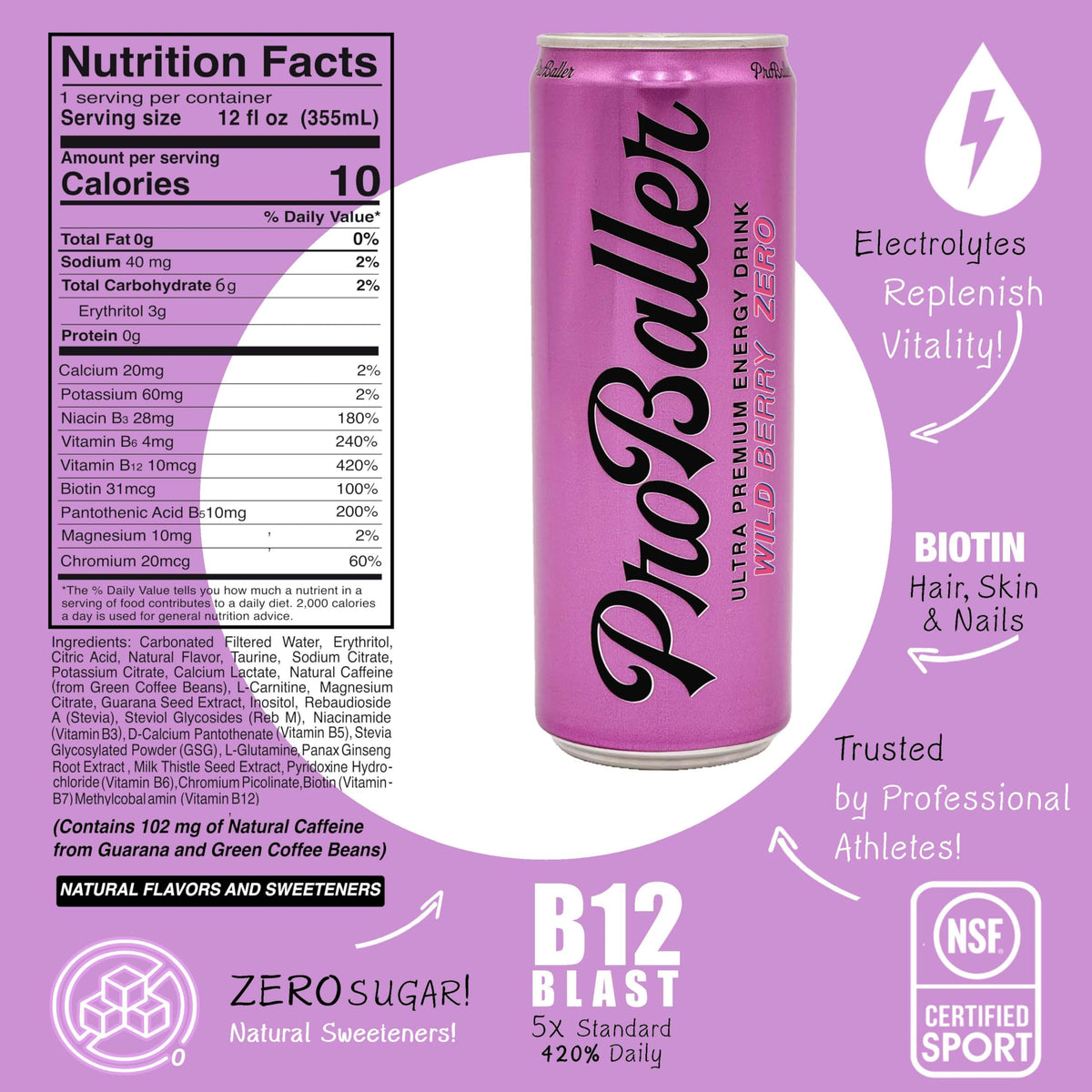 Proballer natural caffeine from guarana and green coffee beans provides a clean lift.