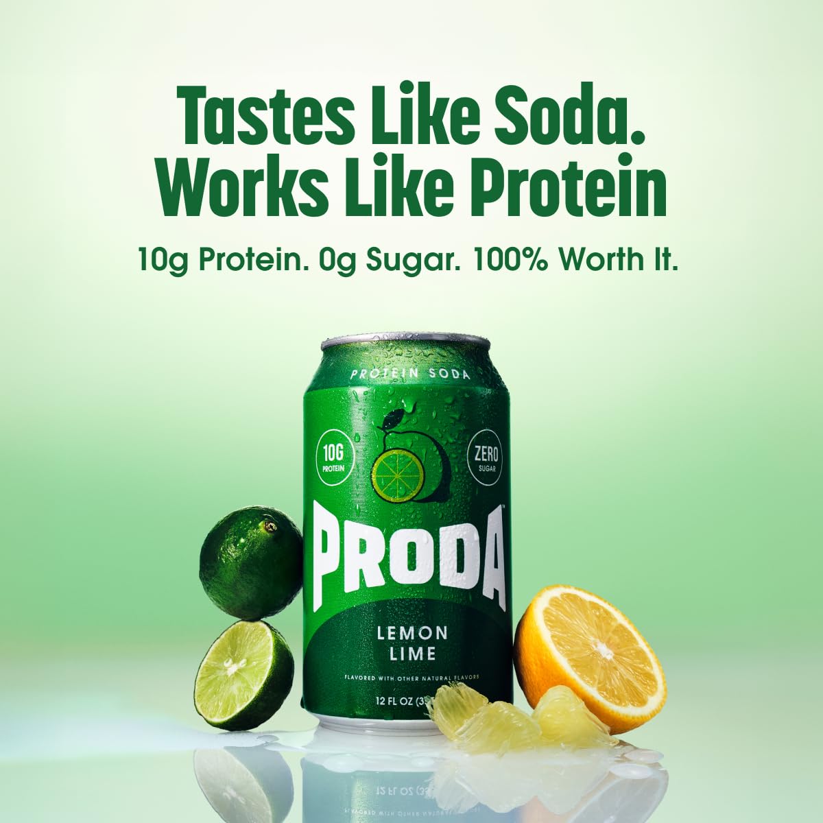 Proda Sparkling Protein Soda can back reveals nutrition info and zero sugar