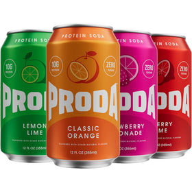 Proda Sparkling Protein Soda can front shows mixed flavors and bold taste