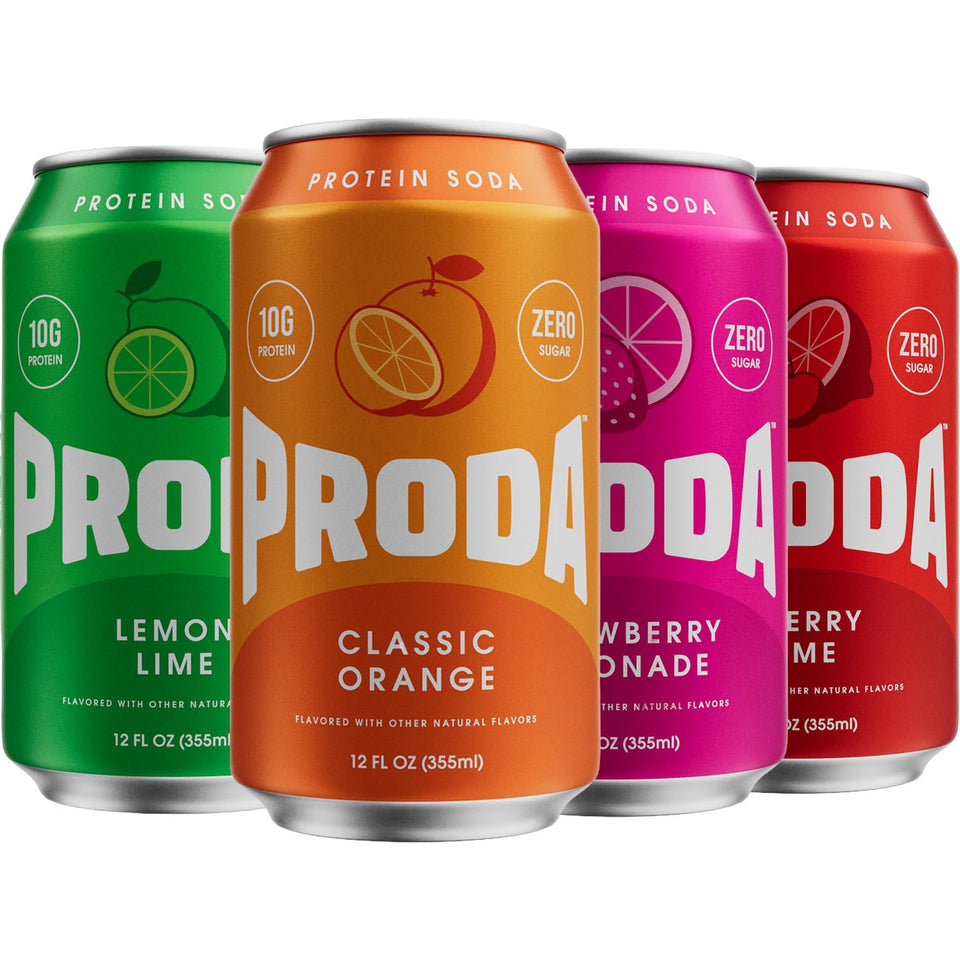 Proda Sparkling Protein Soda can front shows mixed flavors and bold taste
