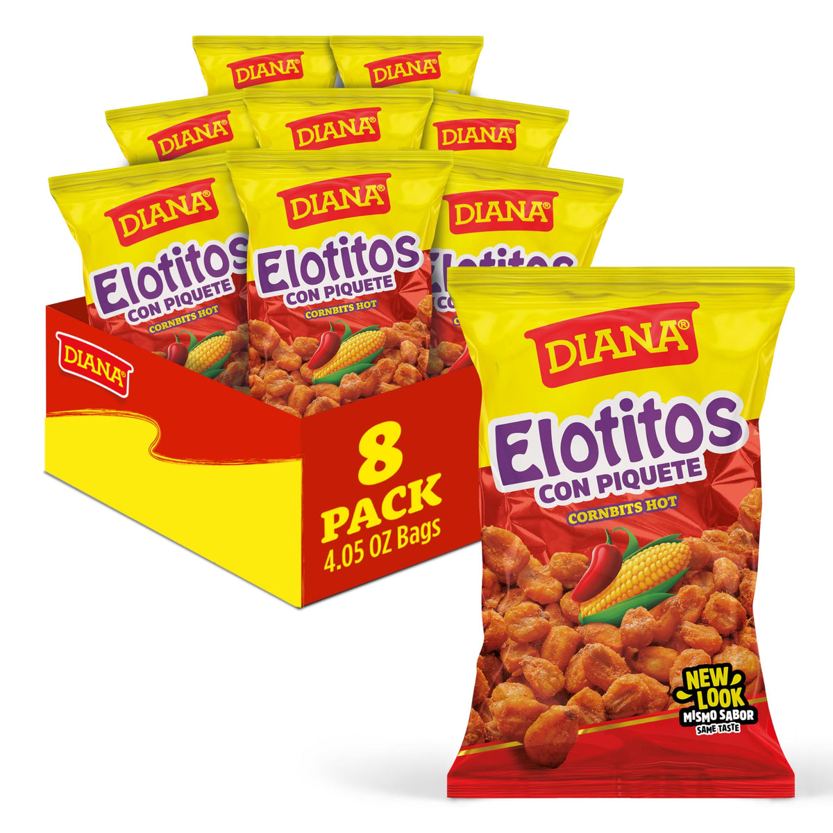 Prodiana Diana Elotitos spicy corn kernels in an eight-pack display for on-the-go snacking