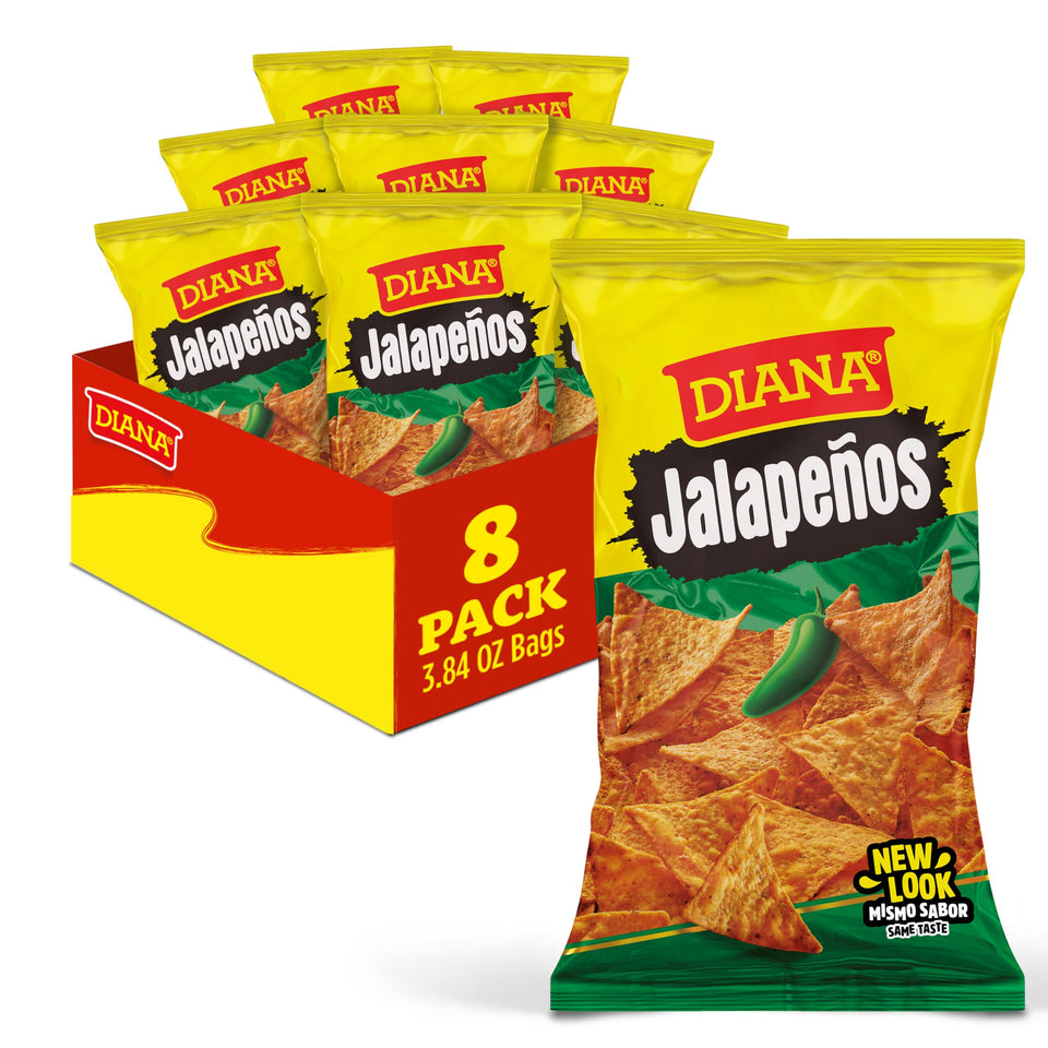 Prodiana Diana jalapeños corn tortilla chips closeup highlighting bold jalapeño flavor and crunch