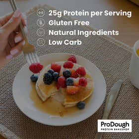 ProDough pancakes on a griddle with golden edges.
