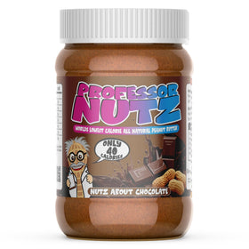 Professor Nutz bottle being poured, showcasing fiber-rich, low-calorie peanut butter