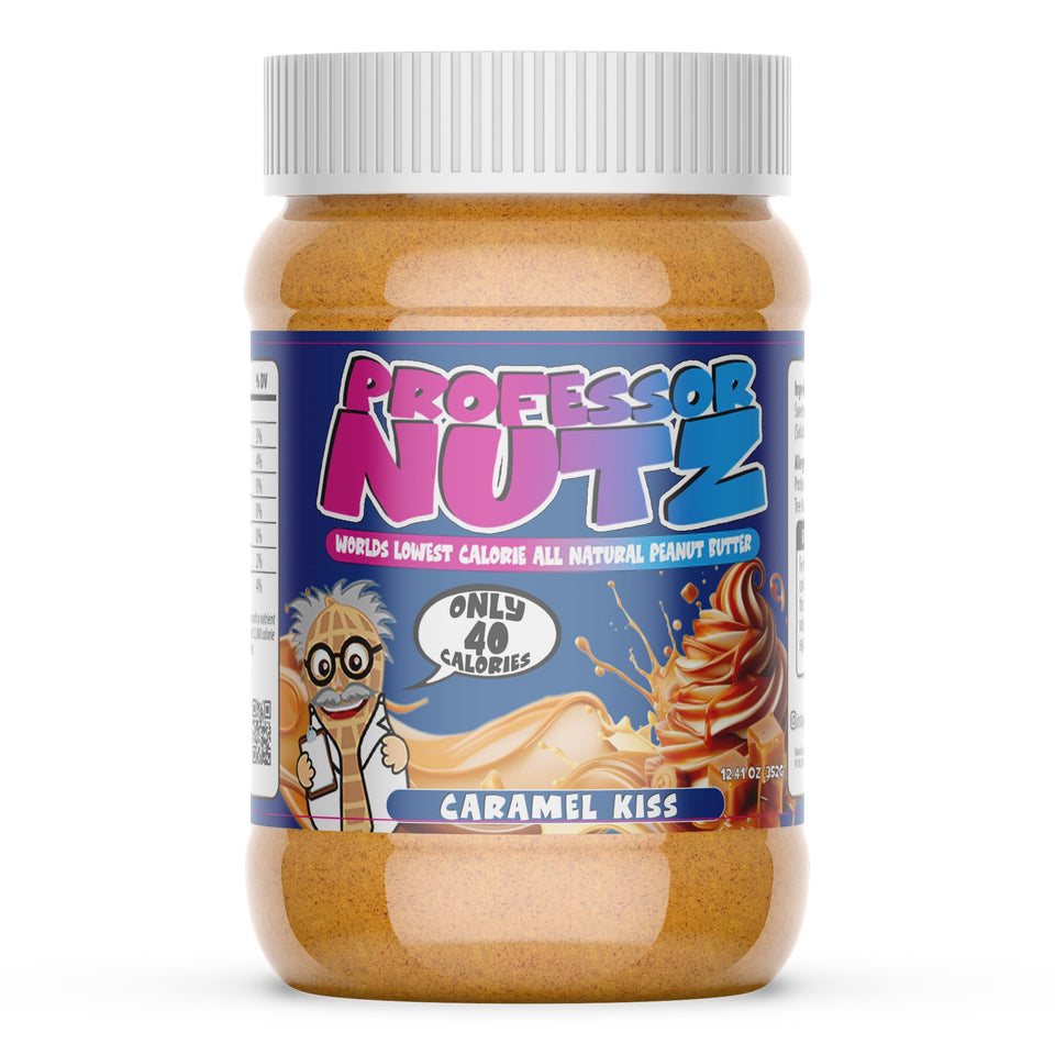 Professor Nutz Organic Peanut Butter caramel kiss jar highlights natural fiber benefits.