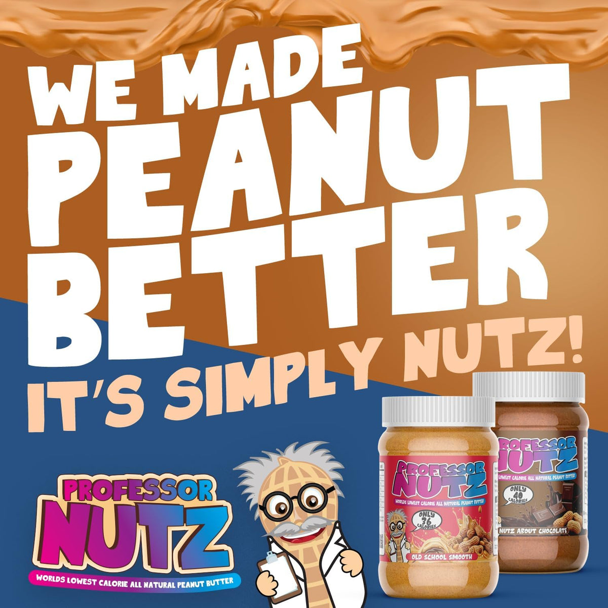 Professor Nutz World's Lowest Calorie Peanut Butter label spread on toast.