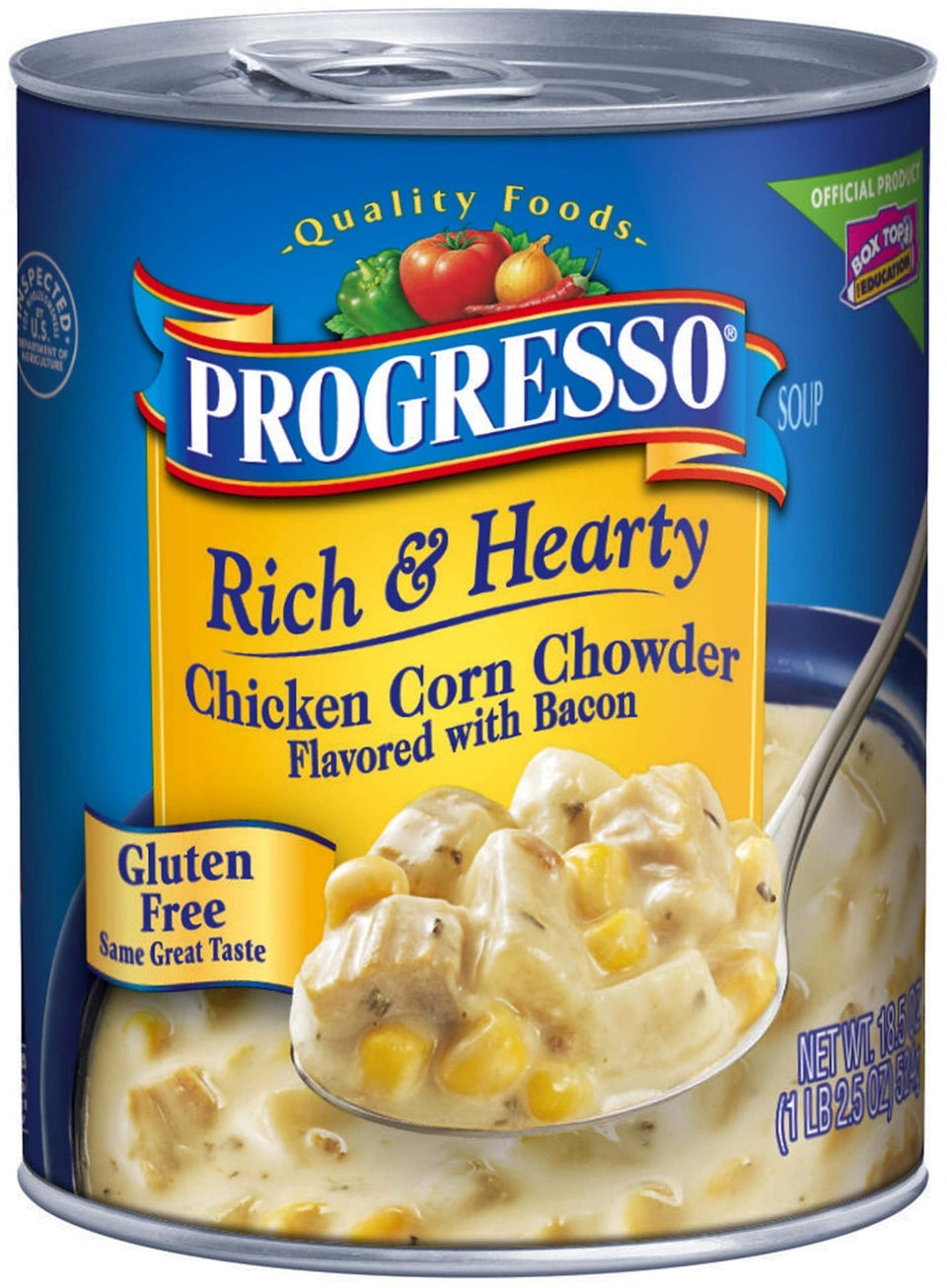 Progresso Rich & Hearty Chicken Corn Chowder can, ready-to-heat comfort in a six-pack.
