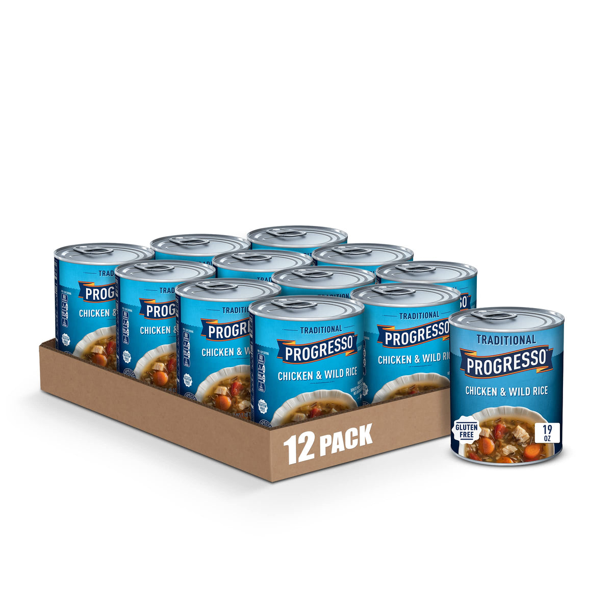 Progresso Traditional Chicken and Wild Rice soup in a bowl on a wooden table, comforting dinner option