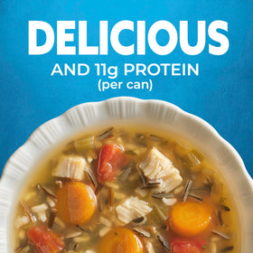 Progresso Traditional Chicken and Wild Rice soup can close-up, convenient pantry staple