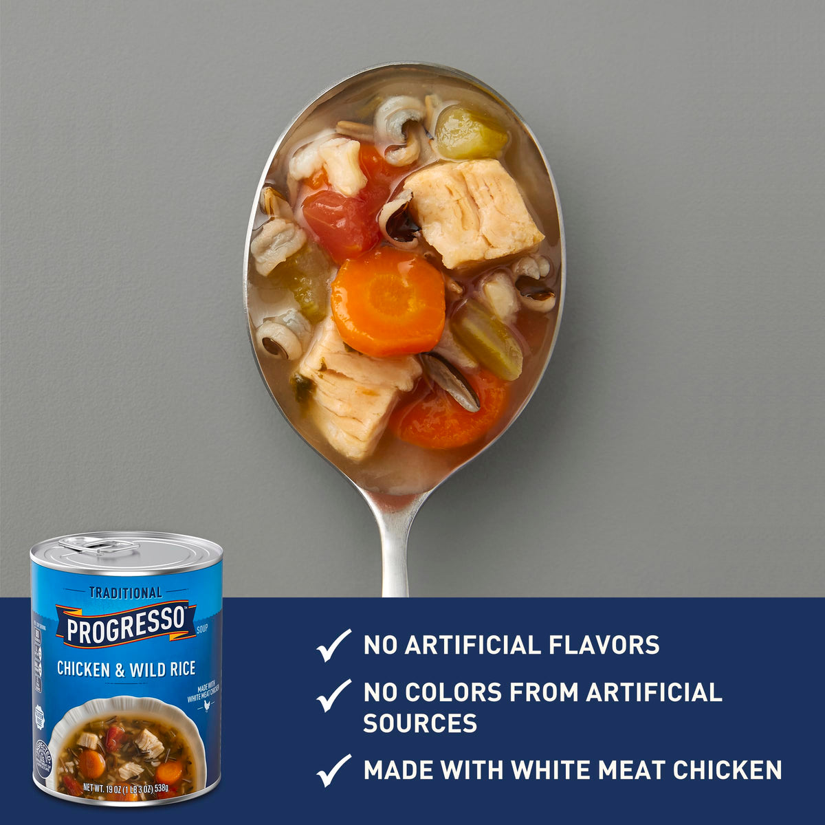 Progresso Traditional Chicken and Wild Rice soup with hearty chicken and vegetables