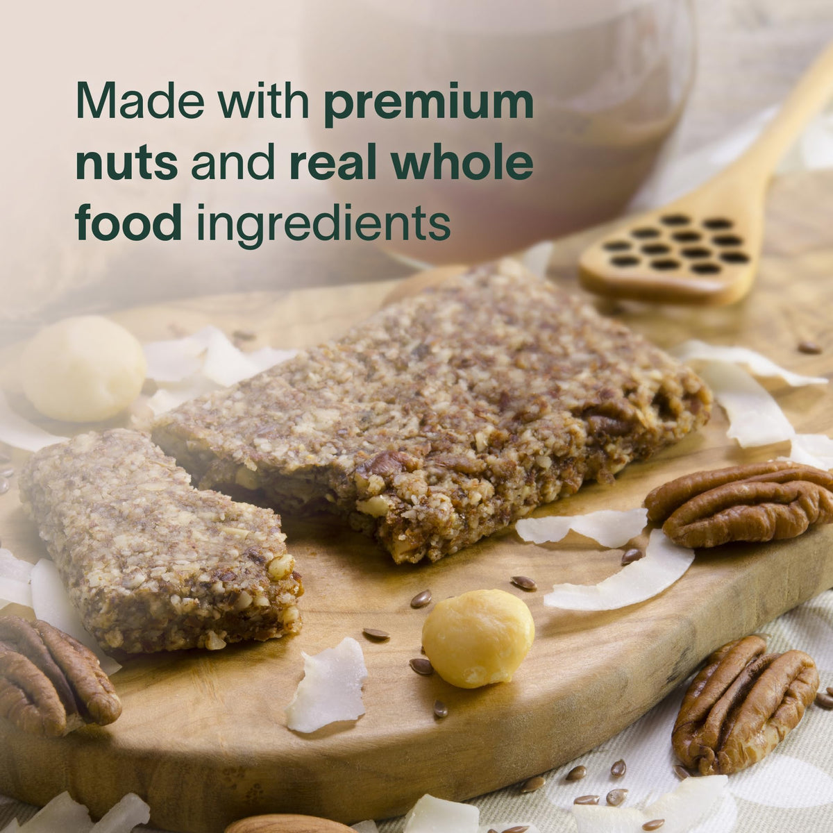 Prolon Coconut Macadamia Bar natural ingredients seal, non-GMO and gluten-free.