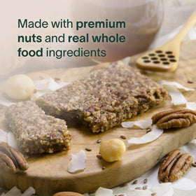 Prolon Coconut Macadamia Bar natural ingredients seal, non-GMO and gluten-free.
