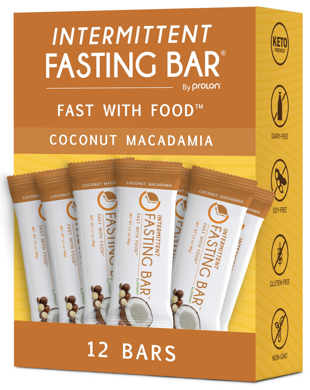 Prolon Coconut Macadamia Bar front view, convenient fasting snack.
