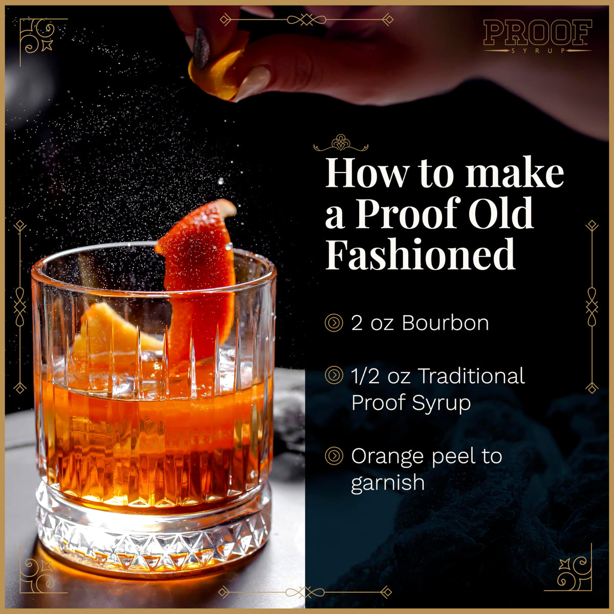 PROOF SYRUP Old Fashioned with shaker and bar tools on the counter for quick mixing.