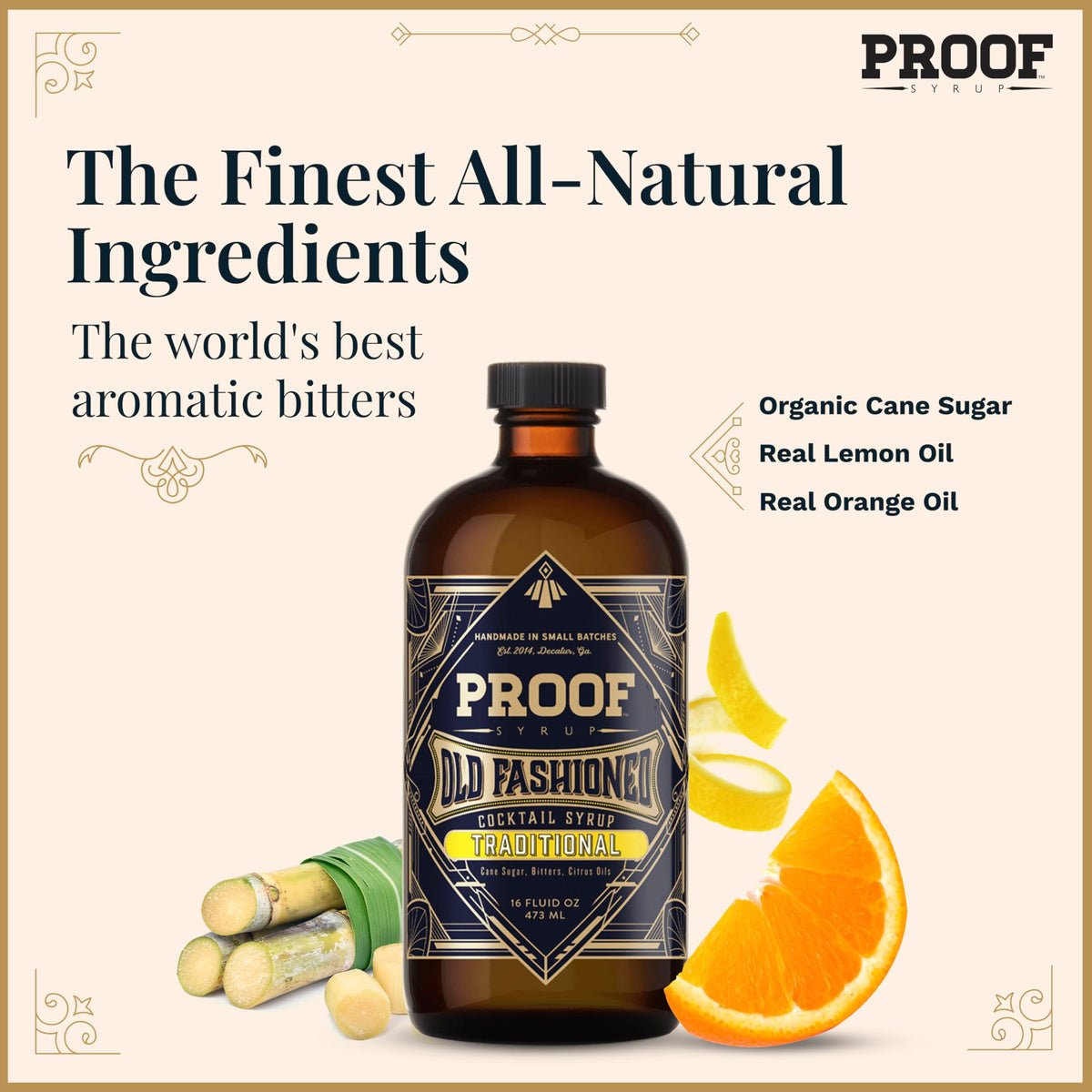 PROOF SYRUP Old Fashioned bottle with bitters and cane sugar on counter for easy drinks.