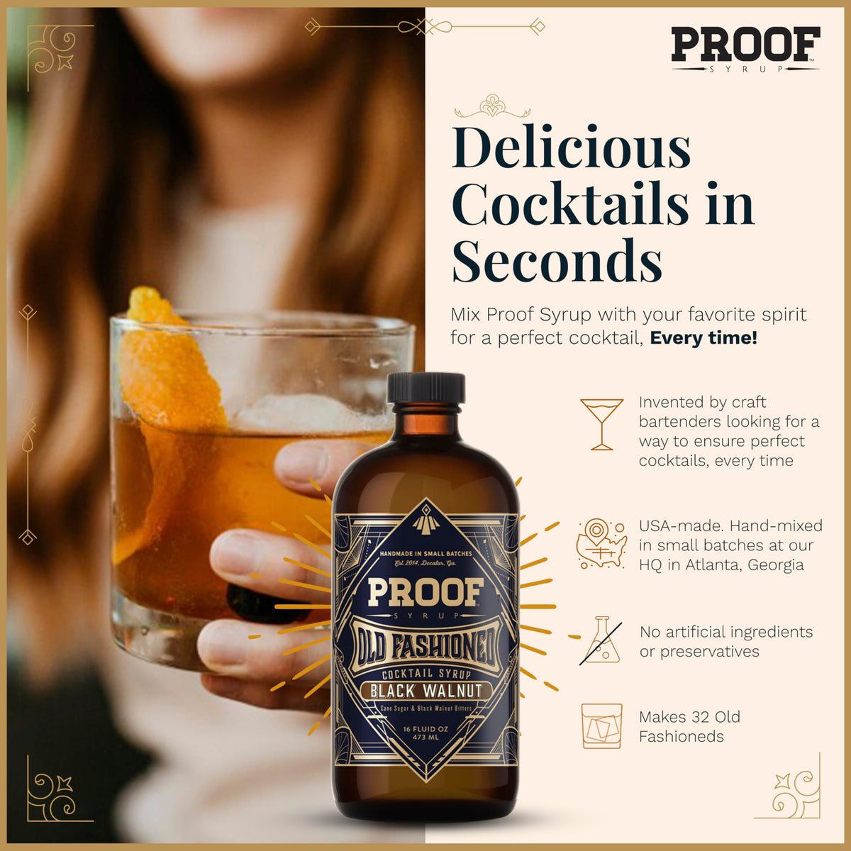 Close-up of premium bitters and cane sugar in PROOF SYRUP mix.