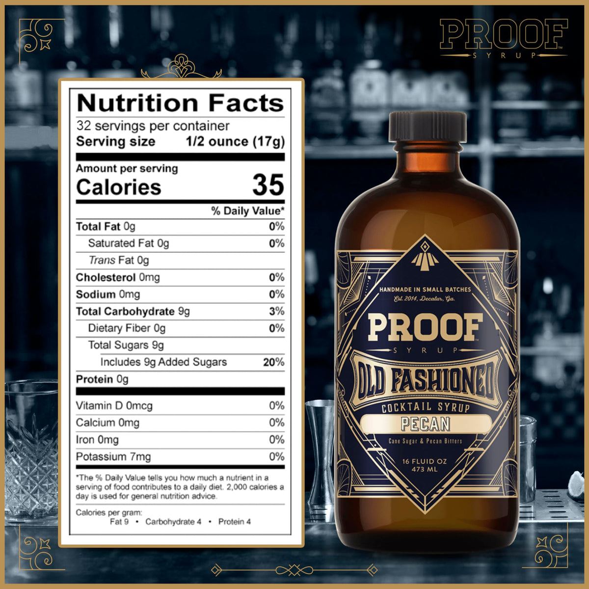 Proof Syrup pecan flavor label highlights natural ingredients
