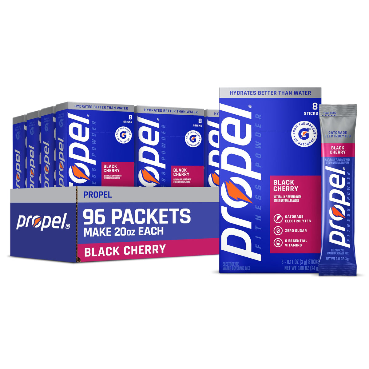 Propel electrolyte powder black cherry box with 96 servings for on-the-go hydration.