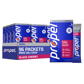 Propel electrolyte powder black cherry box with 96 servings for on-the-go hydration.