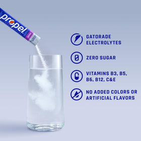 Propel electrolyte powder sticks dispensed, ideal for quick, zero-sugar hydration during workouts.
