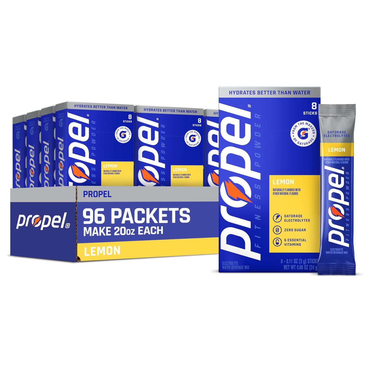 Propel Lemon electrolyte powder boxes for everyday hydration on the go.