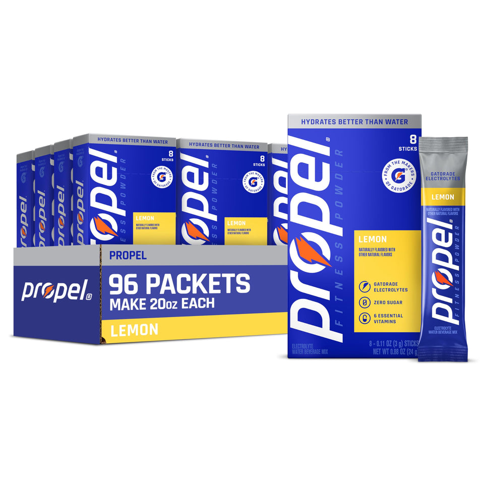 Propel Lemon electrolyte powder boxes for everyday hydration on the go.