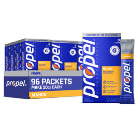 Propel Electrolyte Powder Mango packaging with sticks for convenient on-the-go hydration.