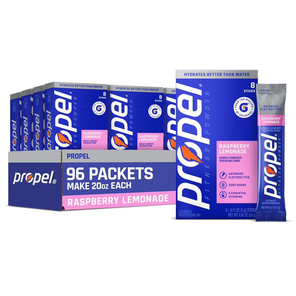 Propel Raspberry Lemonade electrolyte powder box offers 96 servings for daily hydration.
