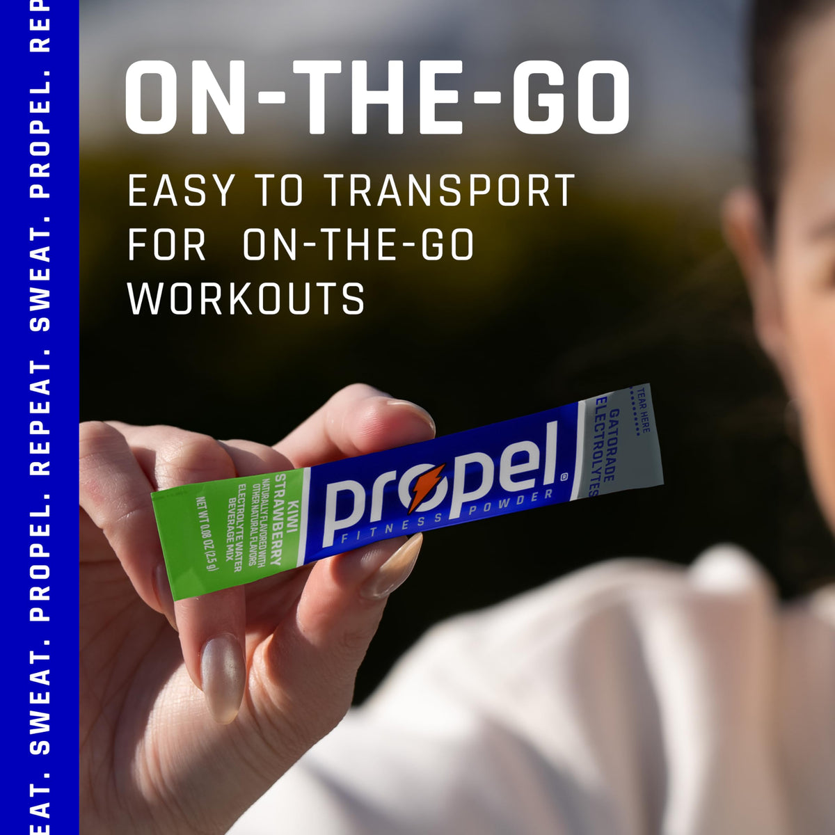 Propel Grape packets provide vitamins C and E for active days.