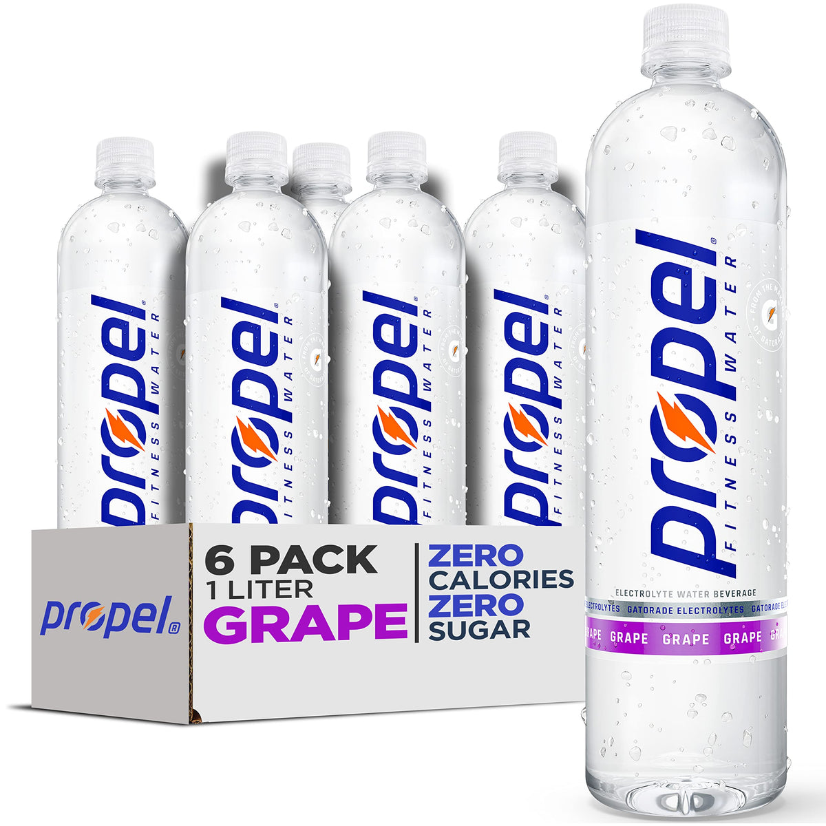 Propel Grape electrolyte water bottle for workouts with zero calories.