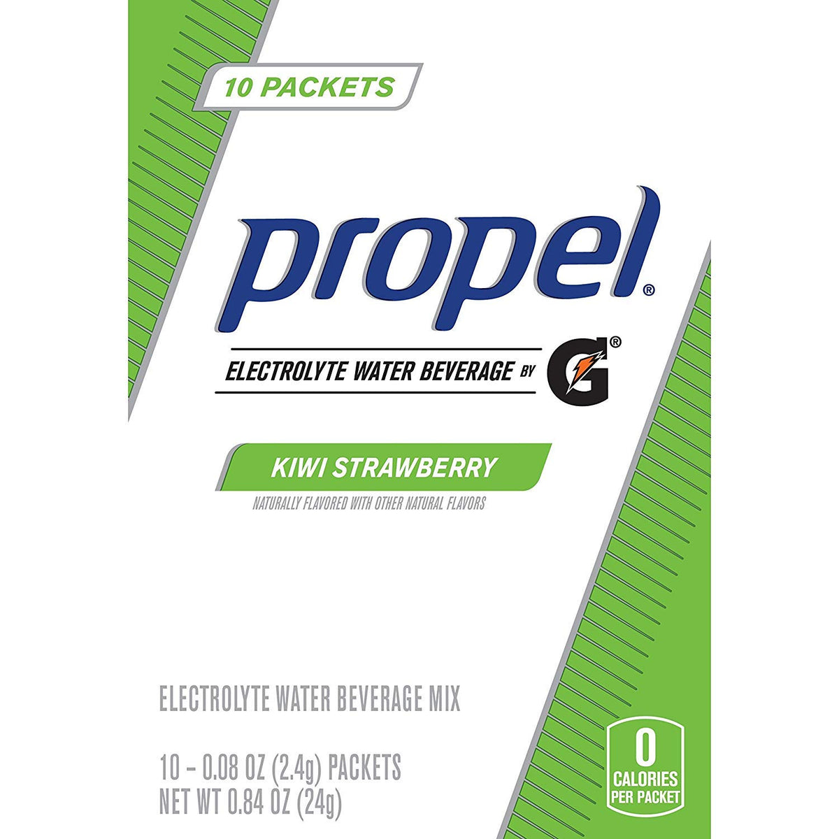 Propel Kiwi Strawberry hydration packet highlighting electrolytes and zero sugar.