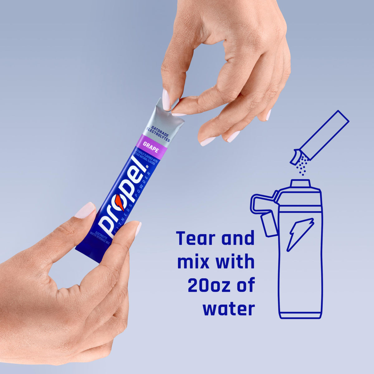 Propel vitamins and electrolytes bottle label highlights essential nutrients for activity.