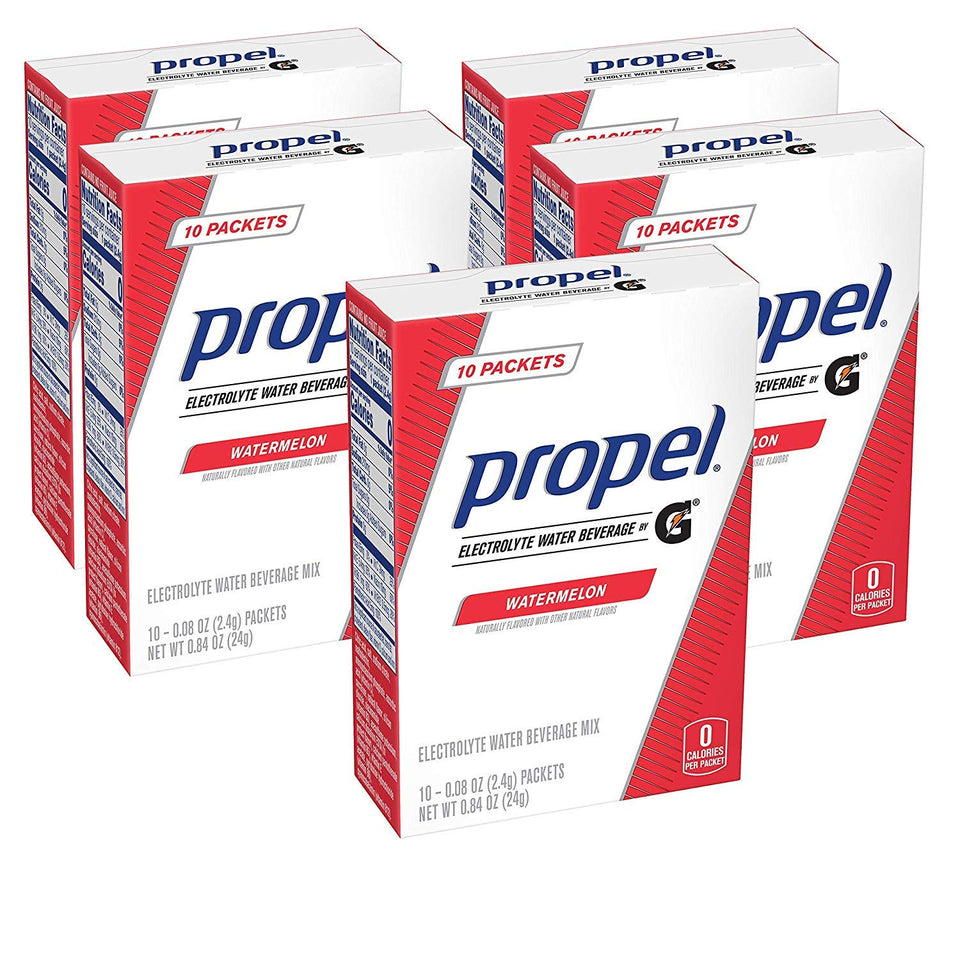 Propel Watermelon packets boxes shown for convenient hydration on the go.