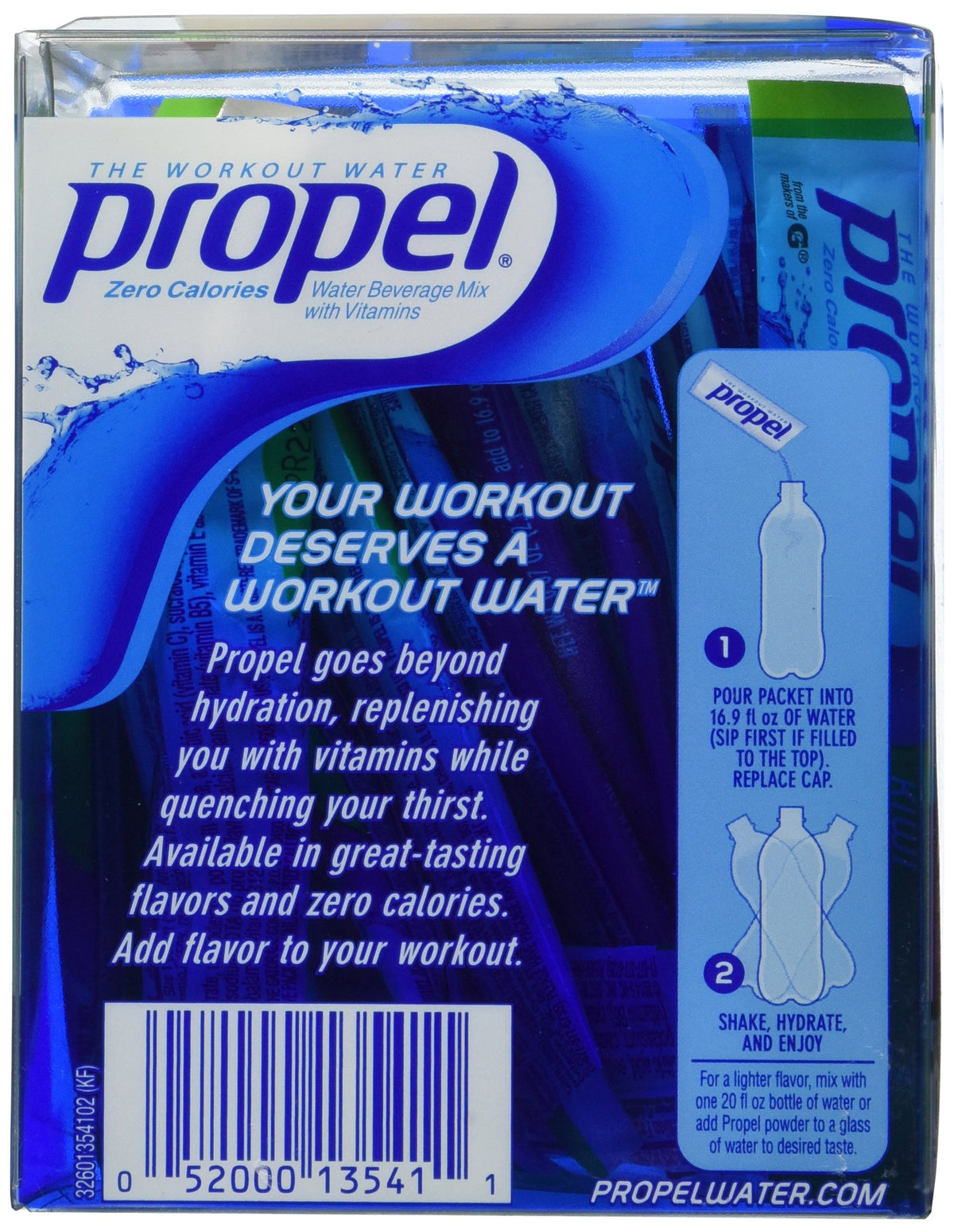 Propel Zero Kiwi Strawberry flavor packet for tasty hydration with vitamins.