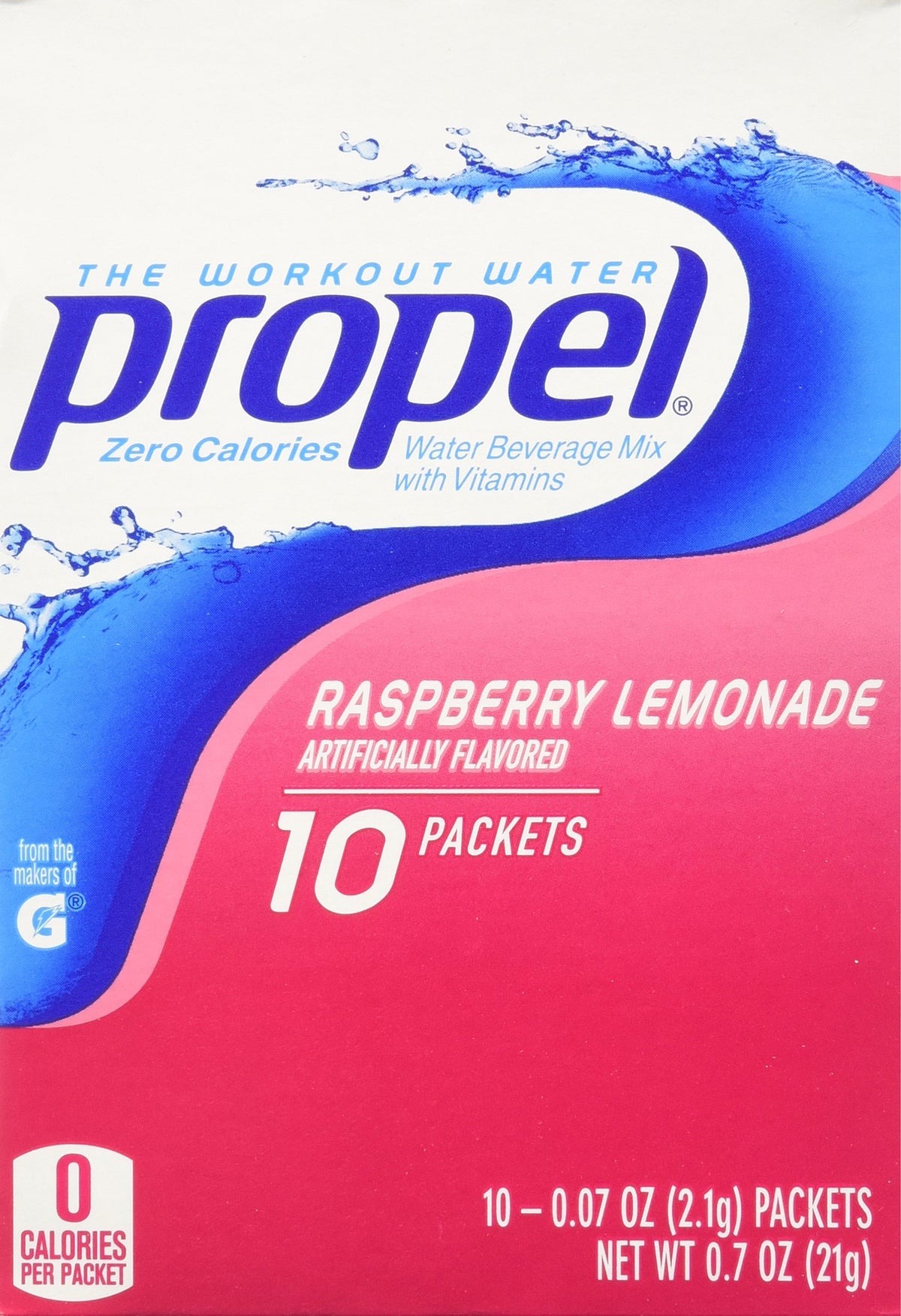 Propel Zero Raspberry Lemonade packets close-up showing convenient zero-calorie flavoring for on-the-go hydration.