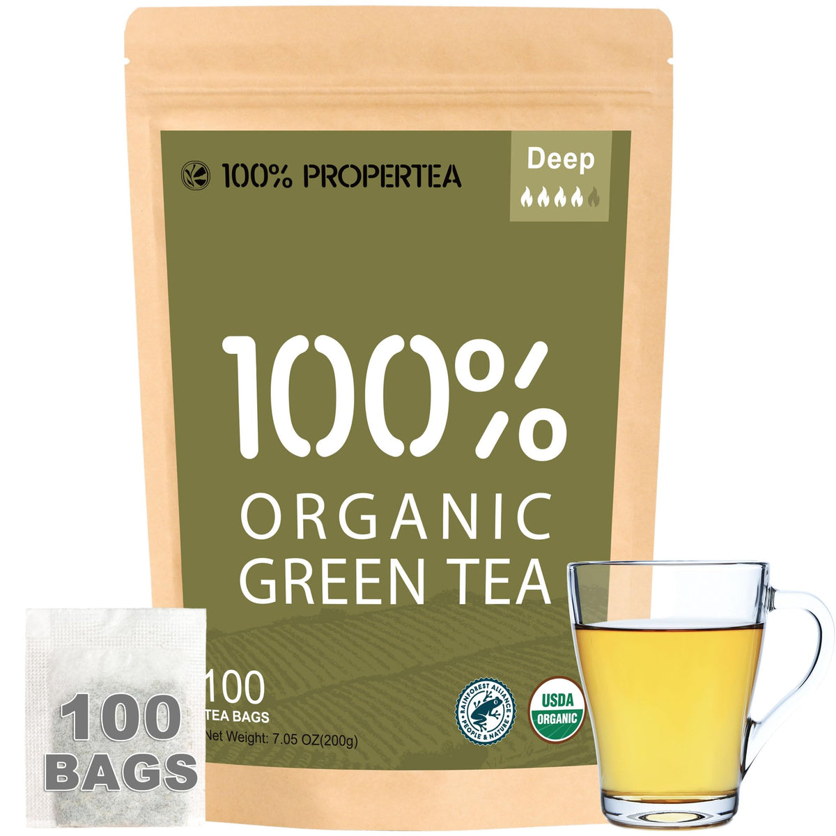 100% Propertea organic green tea bags from Longjing origin deliver pure flavor