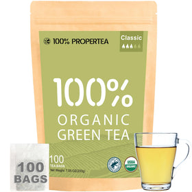 Propertea organic green tea bags packaging highlights sustainability and freshness.