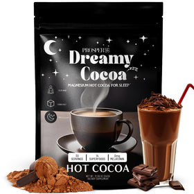 Prosper magnesium hot cocoa cup steaming for a calming bedtime ritual
