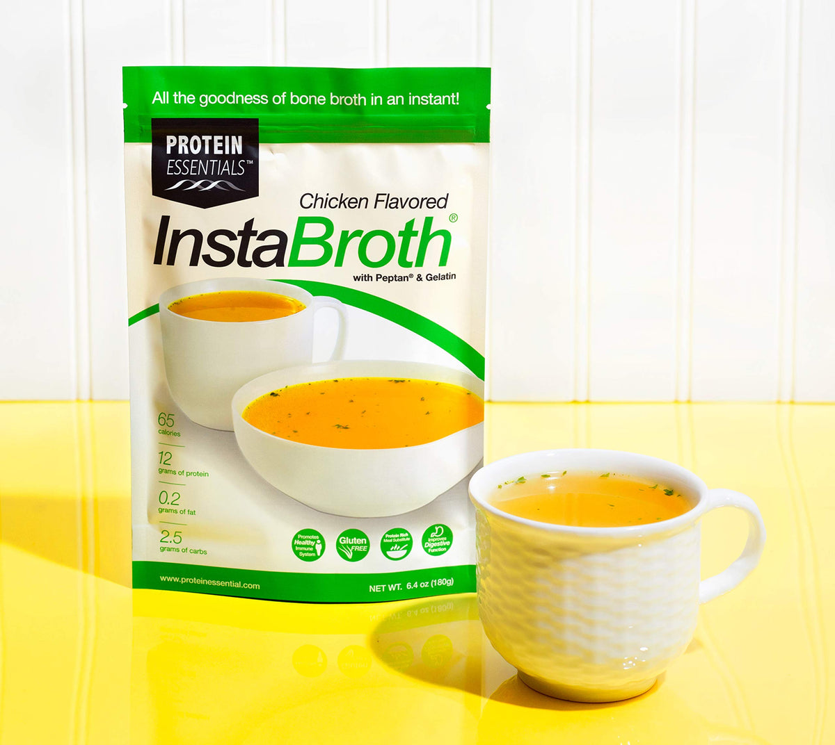 Hot water dissolves InstaBroth powder into savory broth base