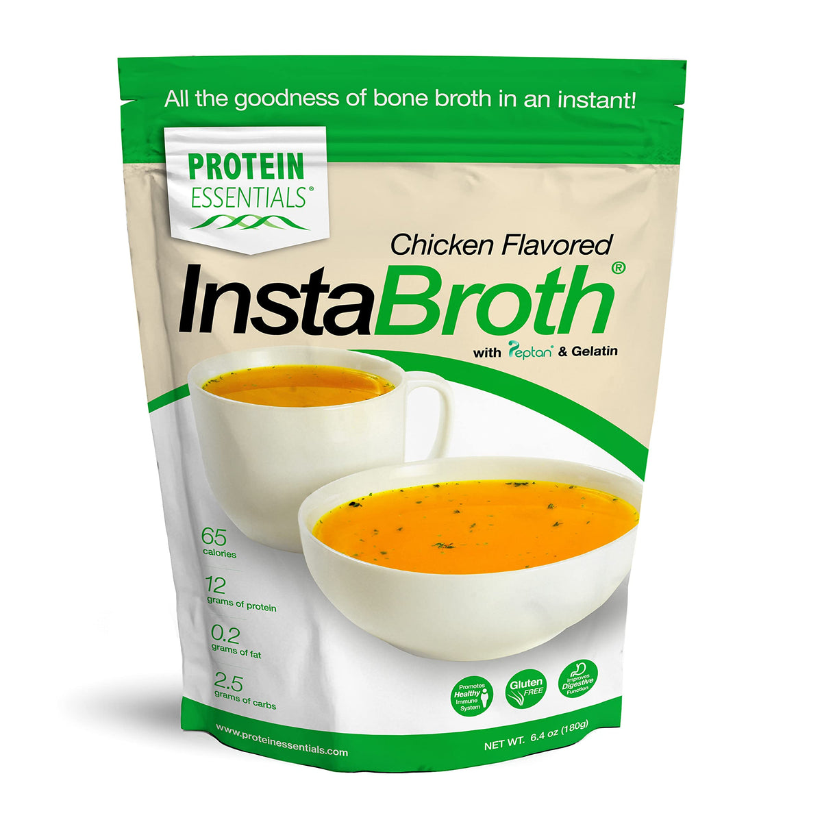 Protein Essentials InstaBroth packaging with chicken bone broth powder for quick meal prep