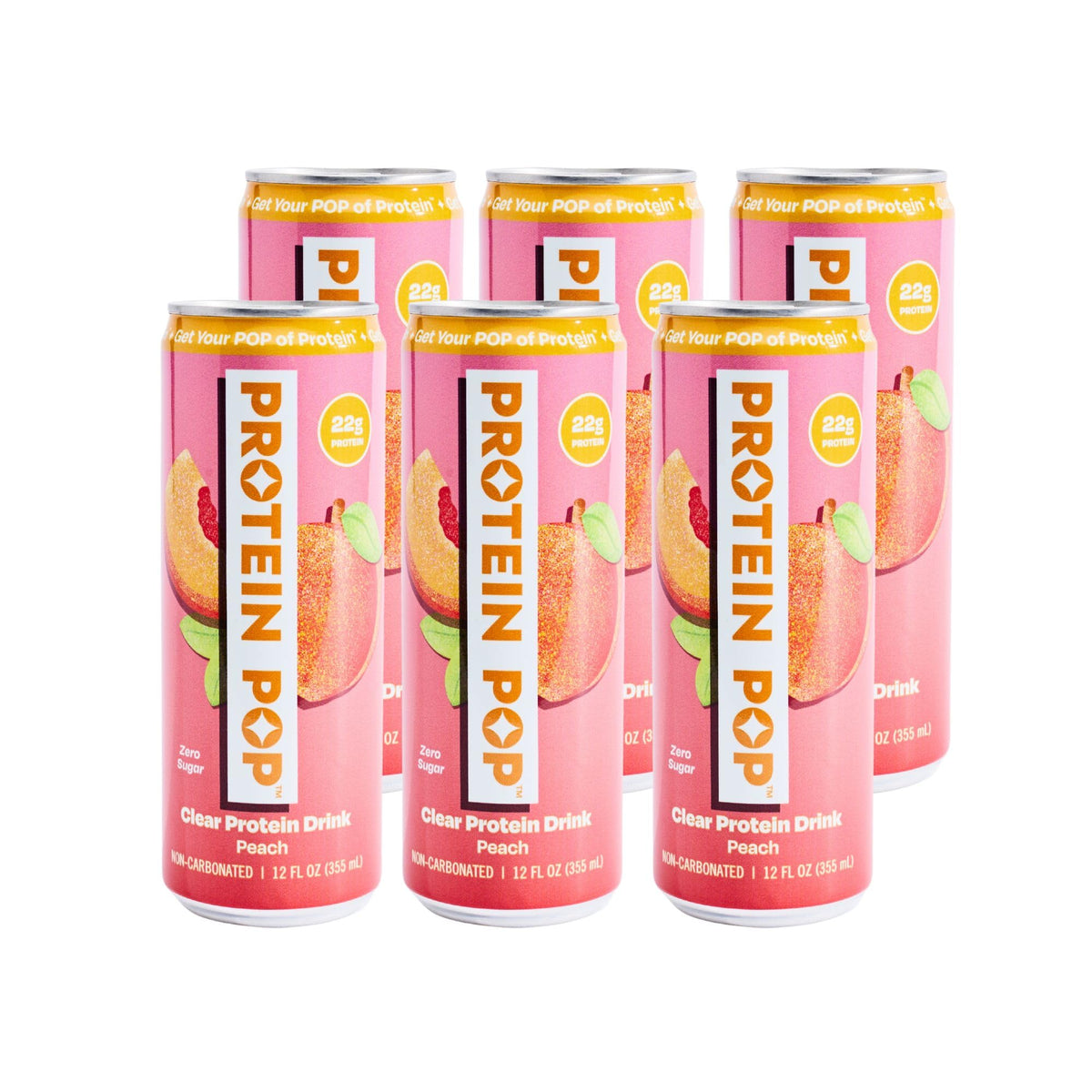 Protein Pop clear whey peach can close-up, refreshing zero-sugar option between meals