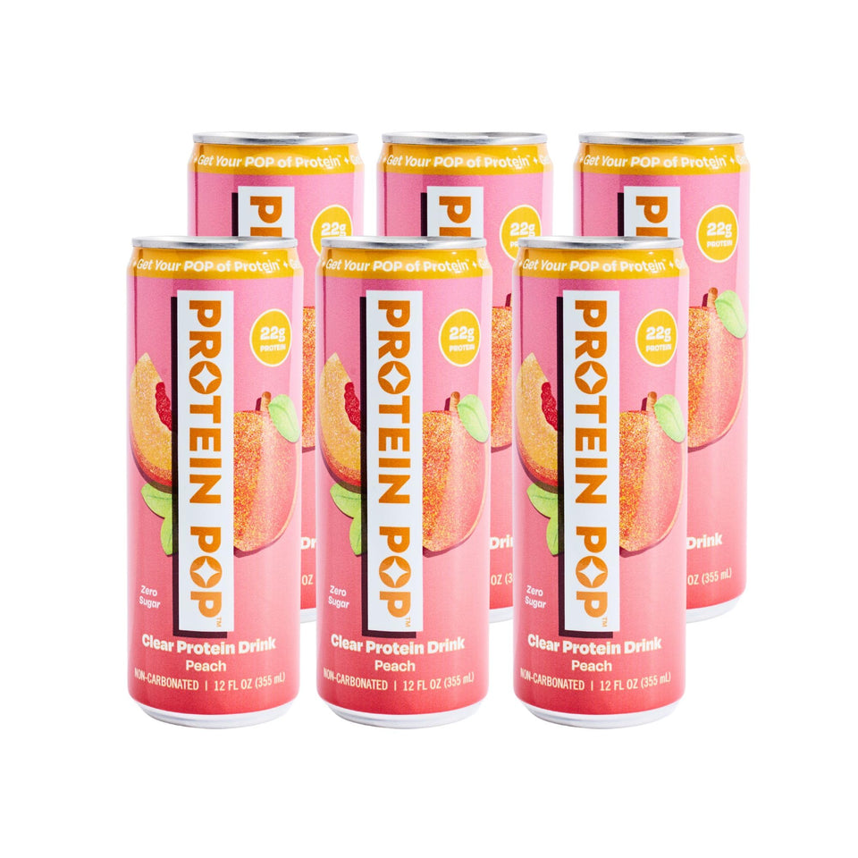 Protein Pop clear whey peach can close-up, refreshing zero-sugar option between meals