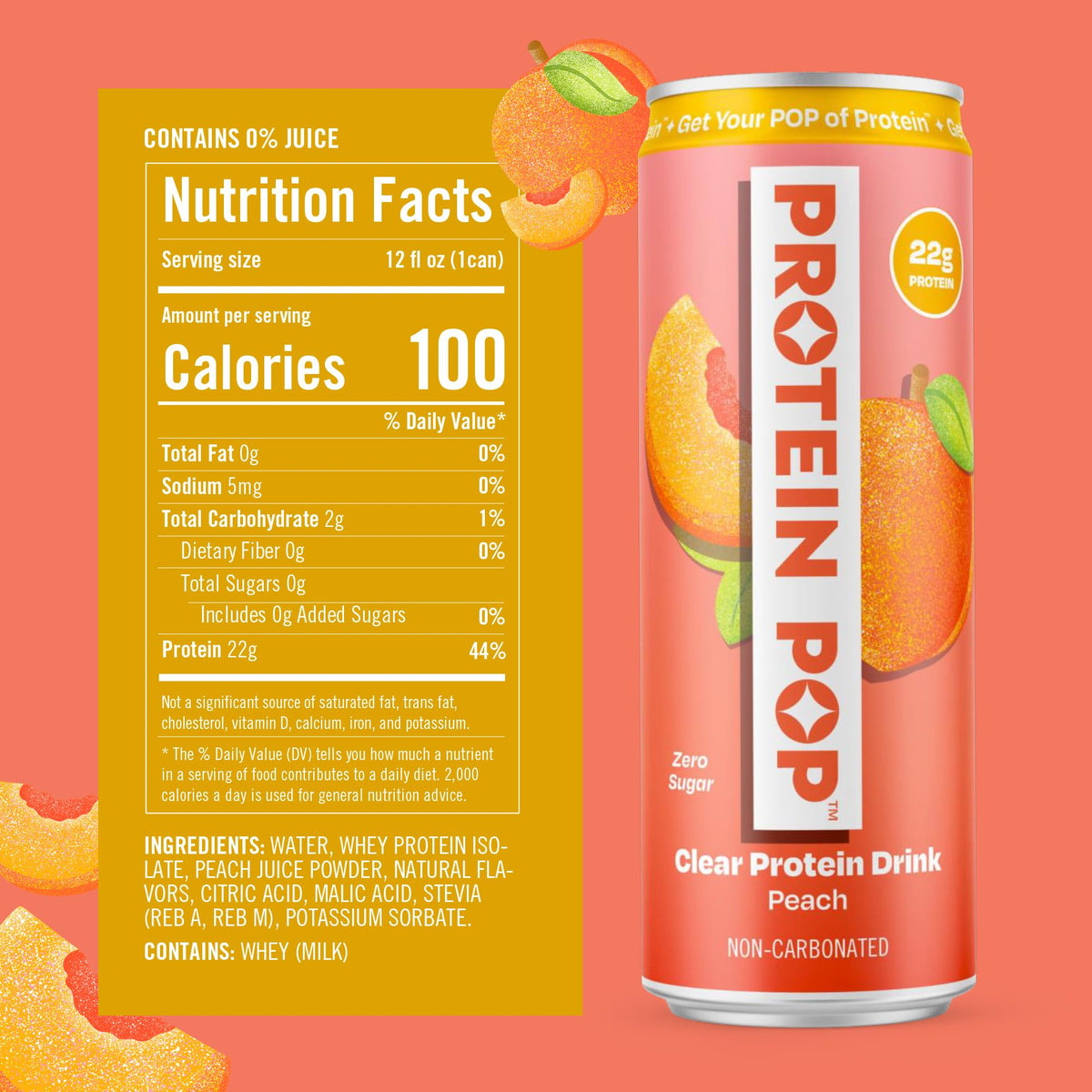 Protein Pop no artificial sweeteners icon indicates clean formula.