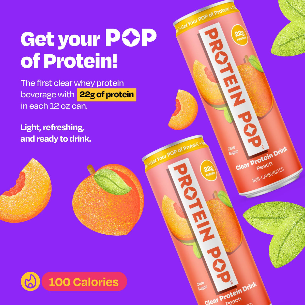 Protein Pop peach flavor being poured, hydrating protein boost after workouts