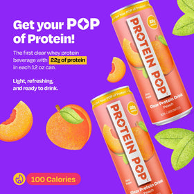 Protein Pop peach flavor being poured, hydrating protein boost after workouts