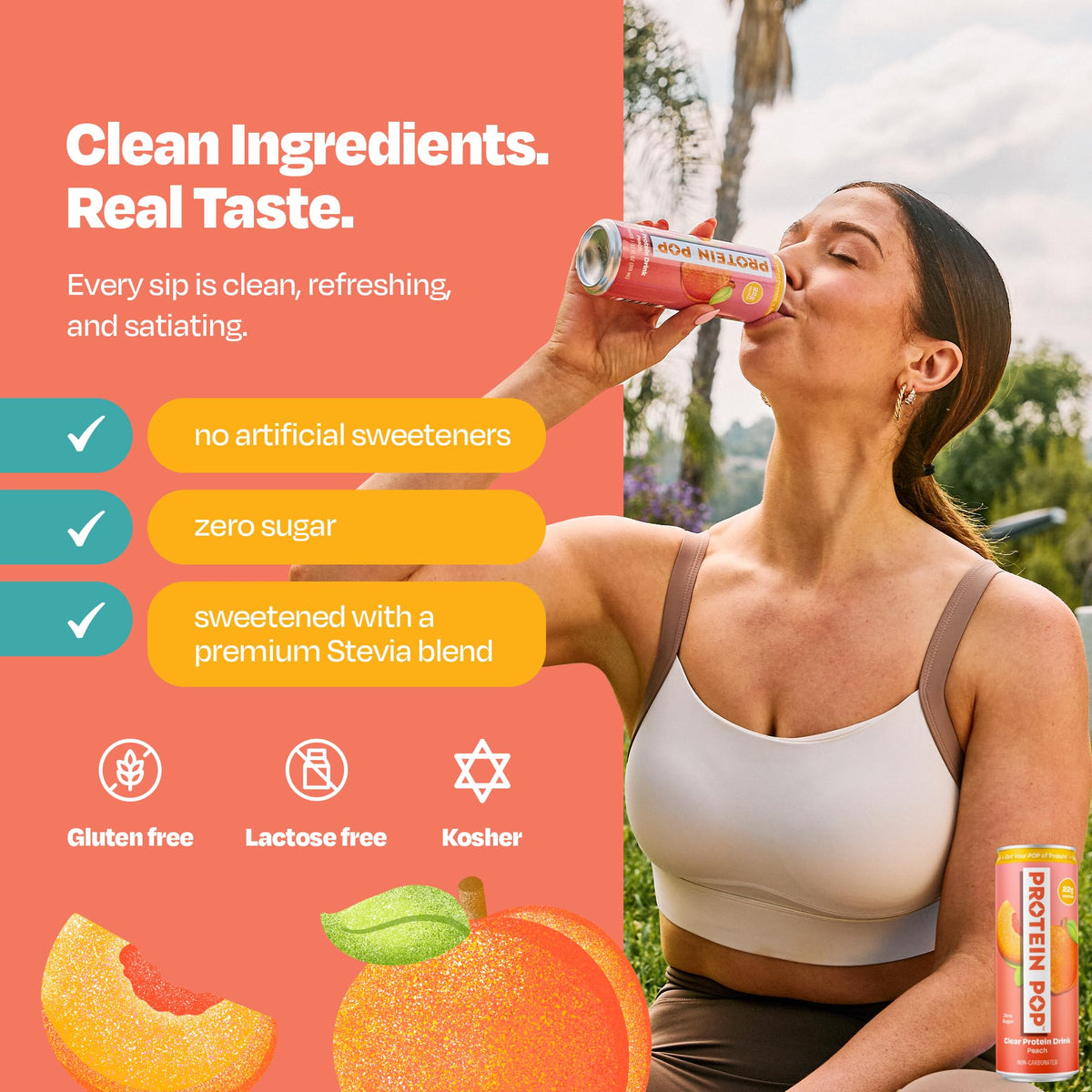Protein Pop peach flavor label close-up, natural ingredients and no artificial sweeteners