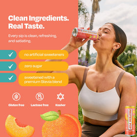 Protein Pop peach flavor label close-up, natural ingredients and no artificial sweeteners